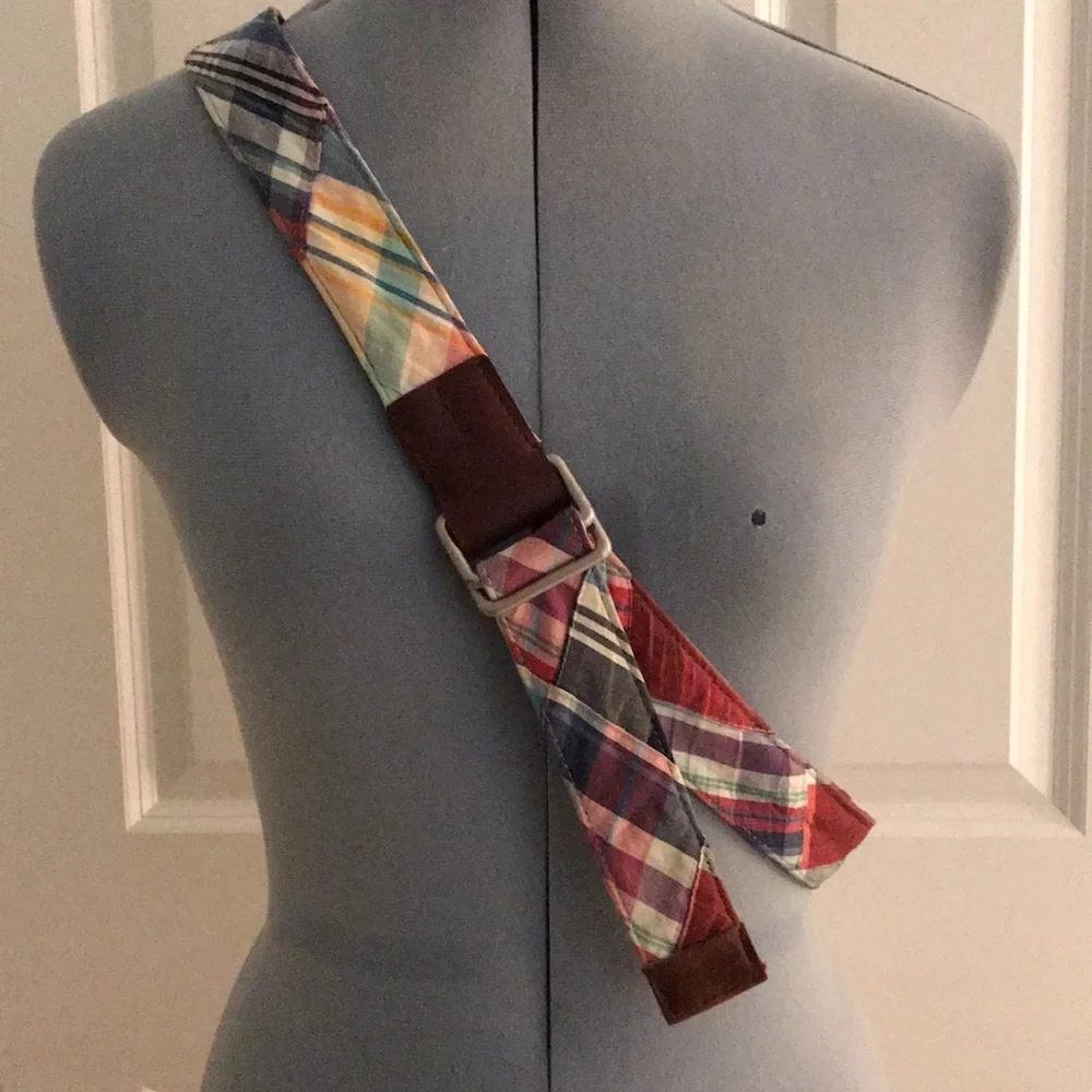 Brooks Brothers Preppy Plaid Fabric Belt with Brown Leather Accents Adjustable